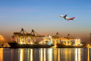 Image showing airplane and ships exporting goods